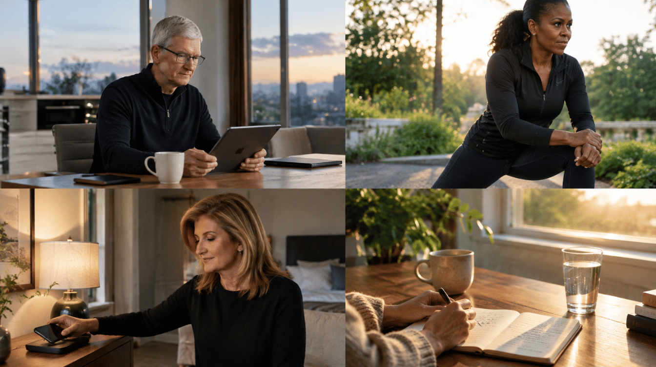 four photo collage showing morning habits including reading exercising phone free time and journaling