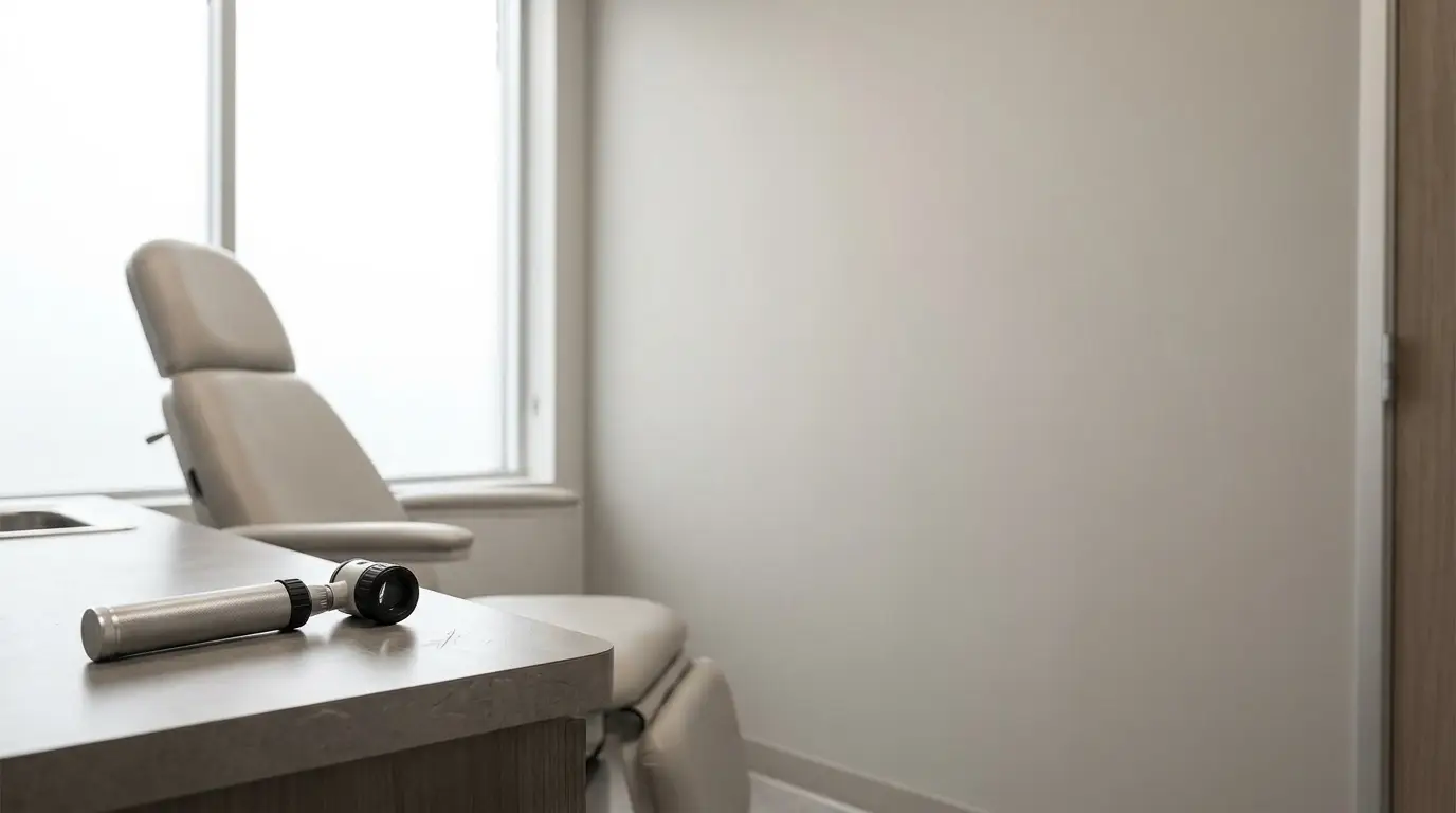 Medical examination room with beige examination chair and otoscope on countertop