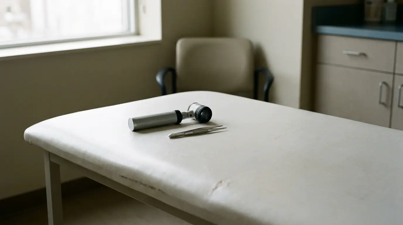 Medical instruments on examination table in a clinic room with beige walls and cabinets