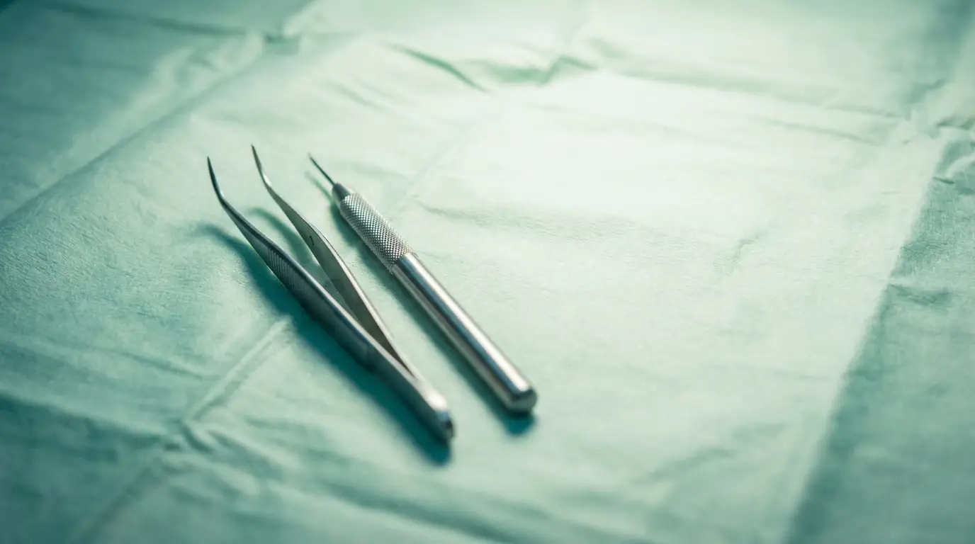 Surgical tools including forceps and scalpel on a green sterile drape in soft lighting