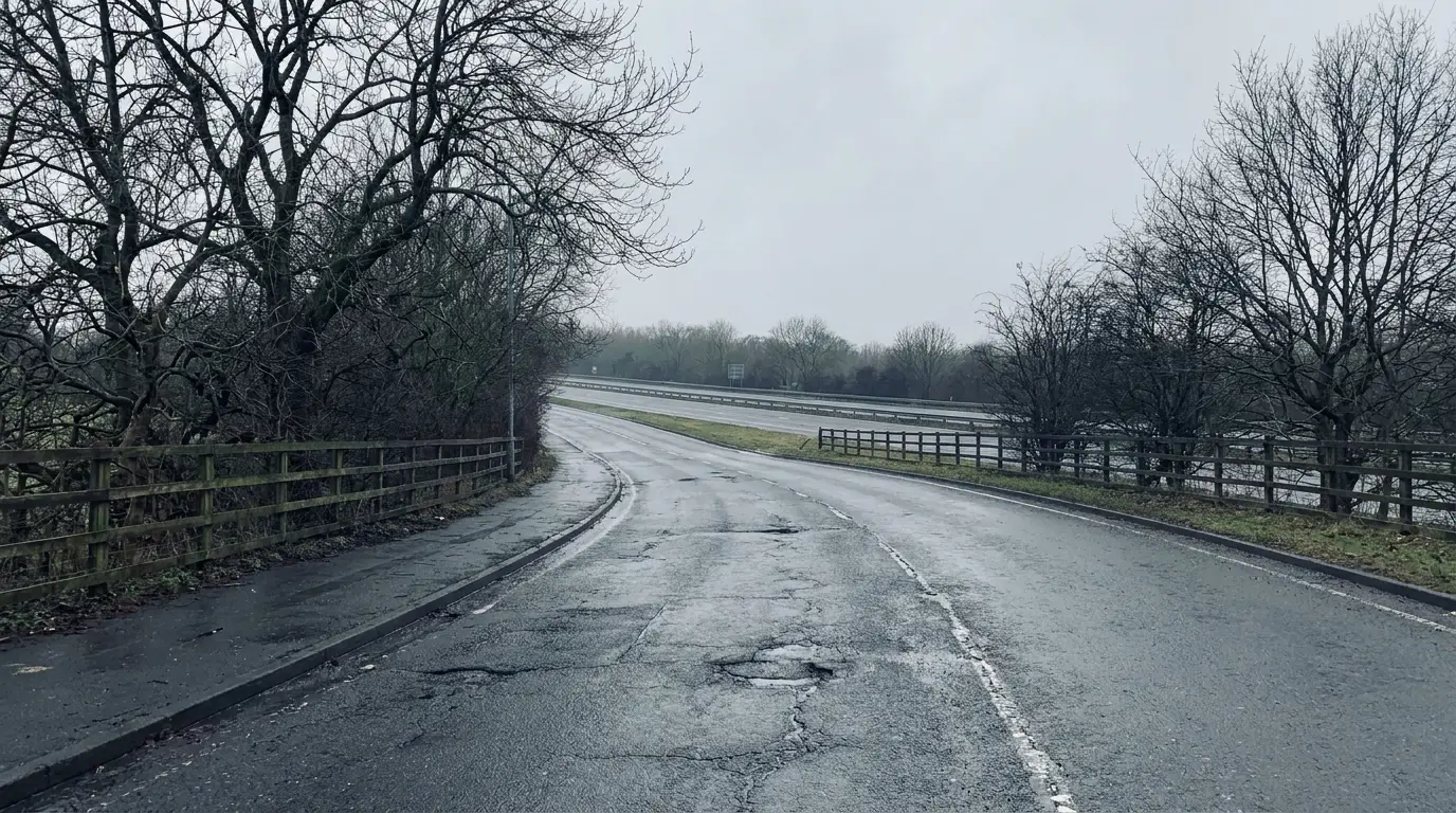 Wet, curved road bordered by bare trees and wooden fences under overcast sky