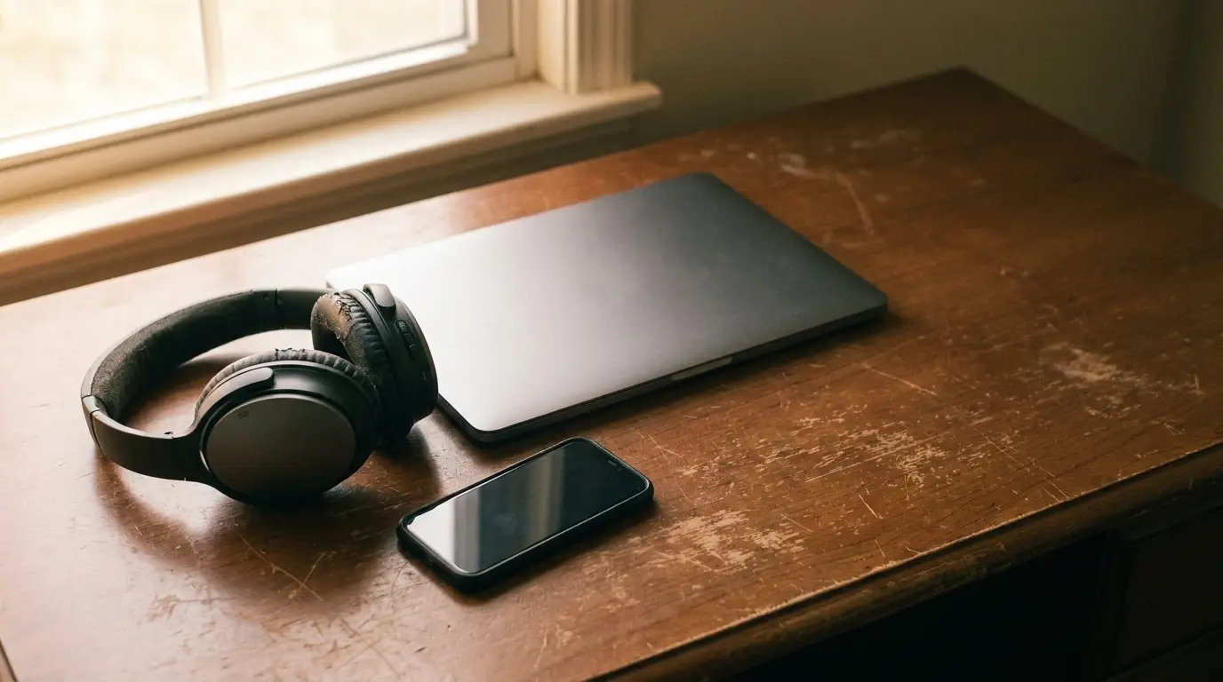 Laptop, headphones, and smartphone on wooden desk by window in natural light