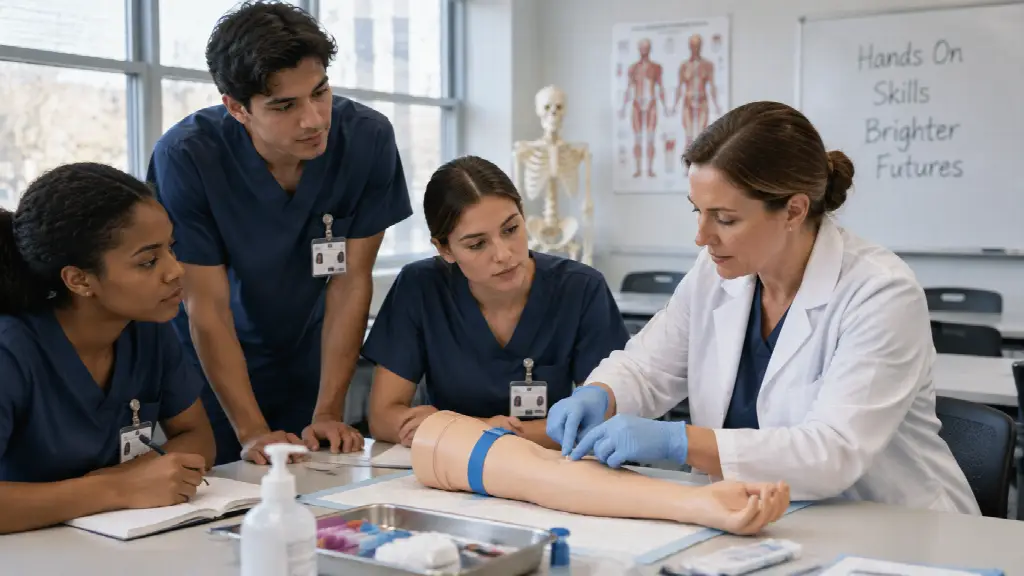Nurse instructor demonstrating IV insertion on training mannequin to attentive students in classroom