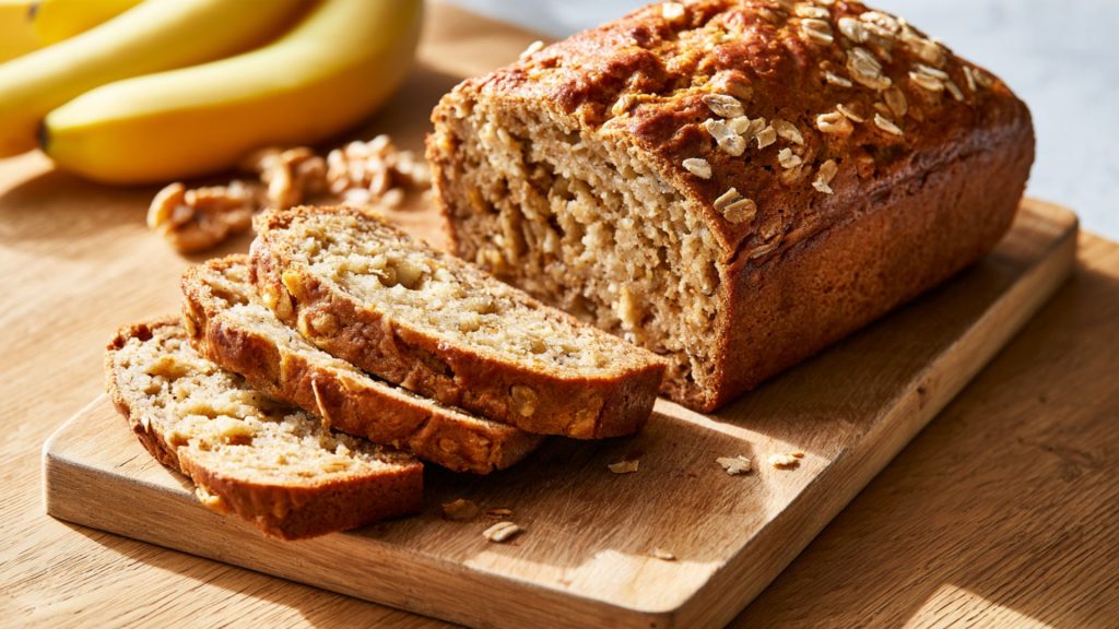 Sliced homemade banana bread topped with oats on a wooden board, with ripe bananas and walnuts in the background.
