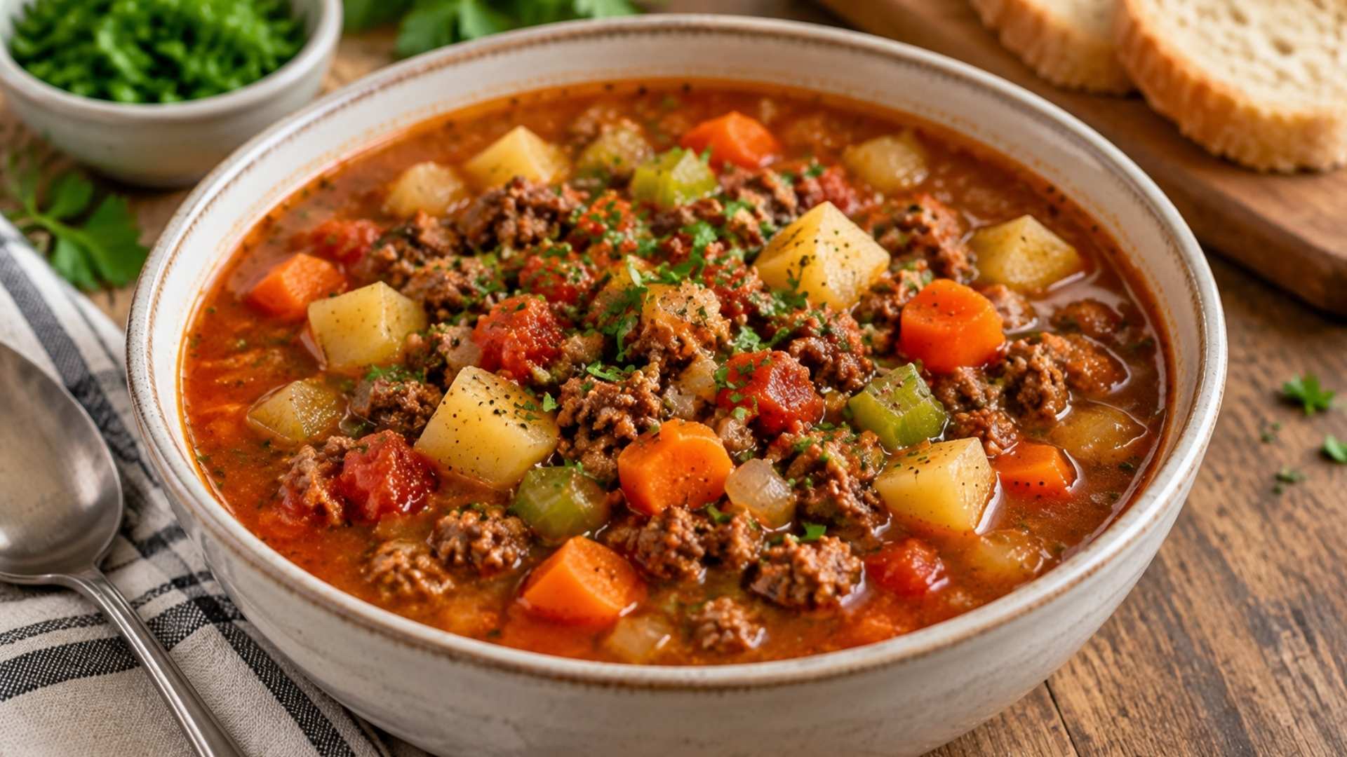 Healthy hamburger soup with ground beef, potatoes, carrots, celery, tomatoes, and herbs in a hearty broth served in a bowl.