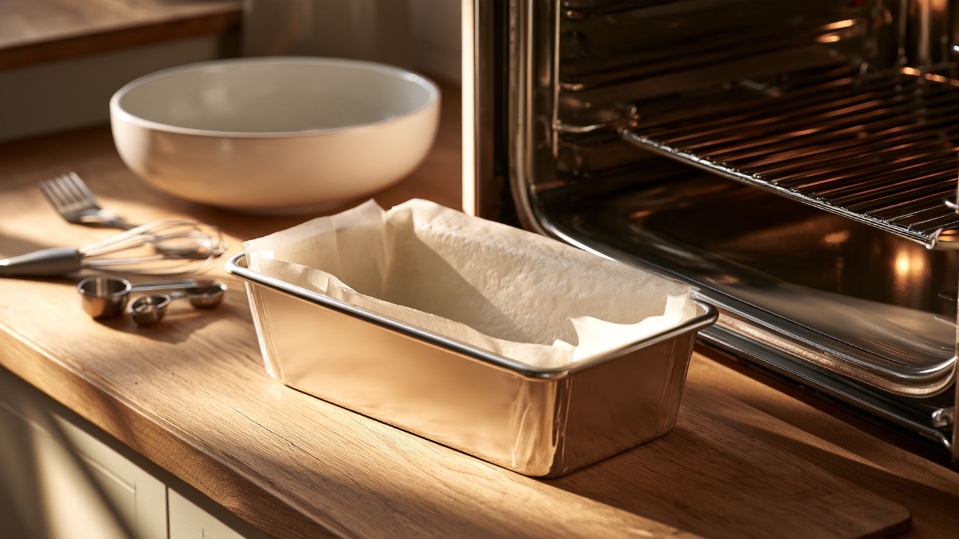 Loaf pan lined with parchment paper beside an open oven, mixing bowl, whisk, and measuring spoons.