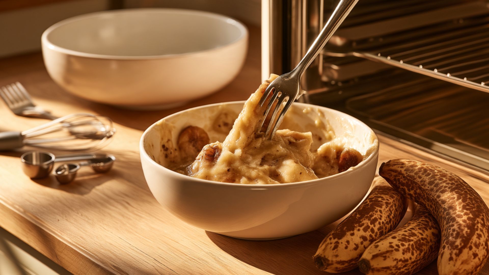 Ripe bananas being mashed with a fork in a white bowl on a wooden kitchen counter.