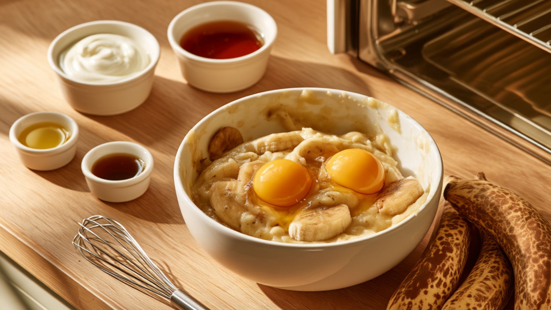 Two cracked eggs resting on mashed bananas with yogurt, oil, syrup, and vanilla arranged nearby.