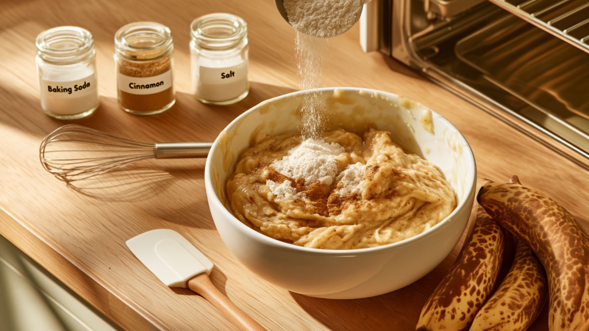 Flour being added to banana batter with baking soda, cinnamon, and salt set beside the mixing bowl.