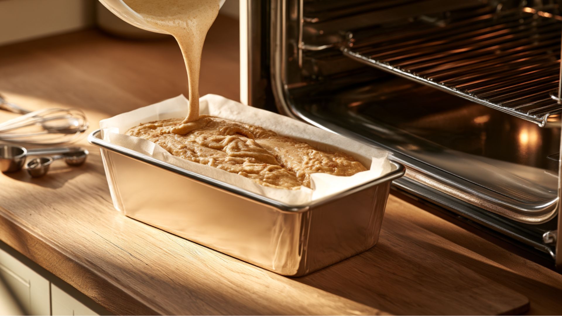 Banana bread batter being poured into a parchment-lined loaf pan beside the oven.