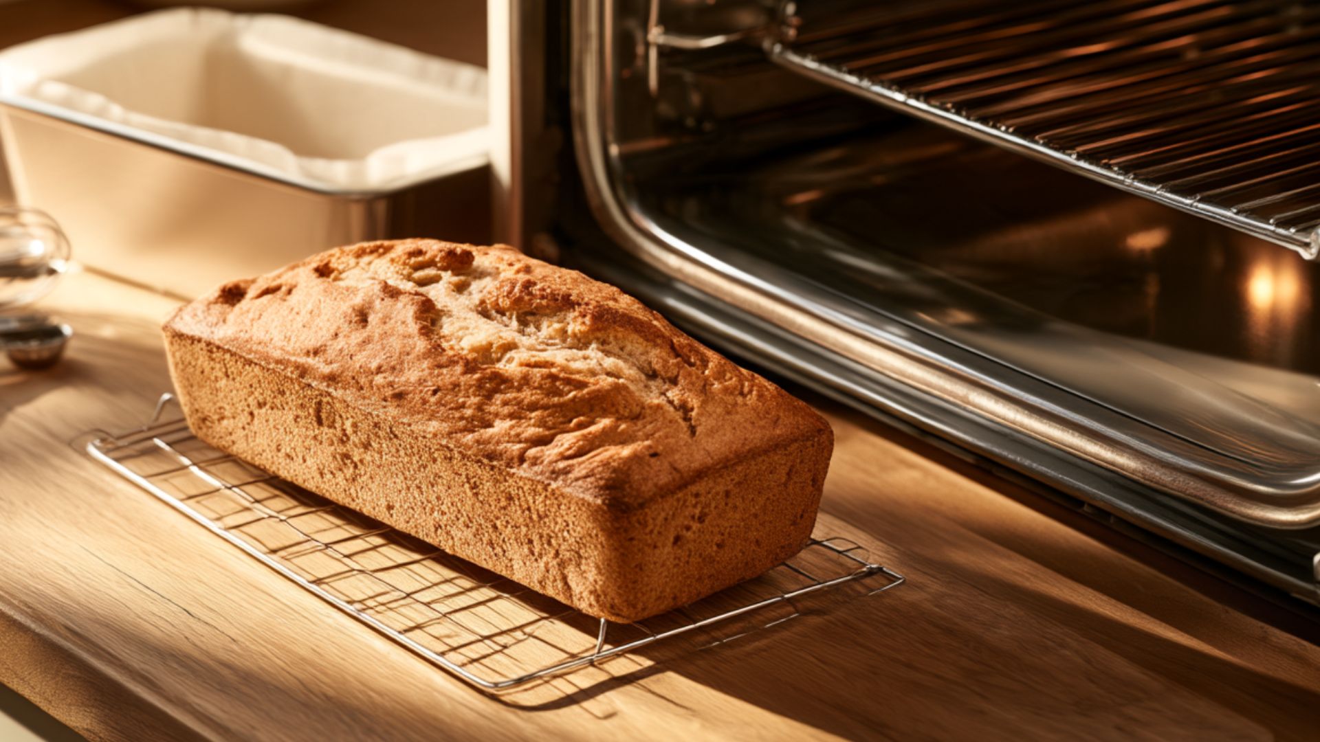 Freshly baked banana bread cooling on a wire rack beside an open oven.