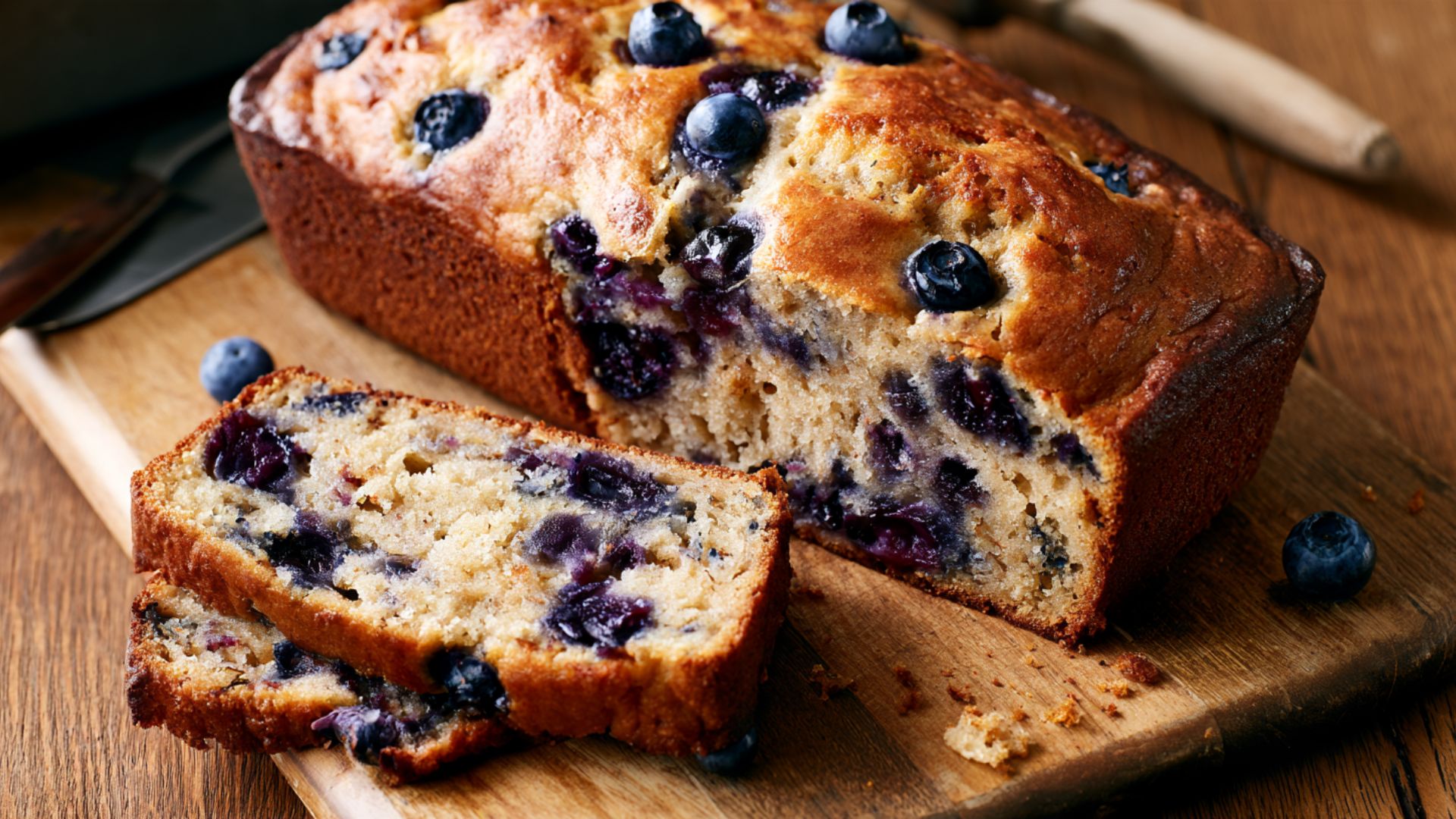 Sliced blueberry banana bread filled with whole blueberries on a wooden cutting board.