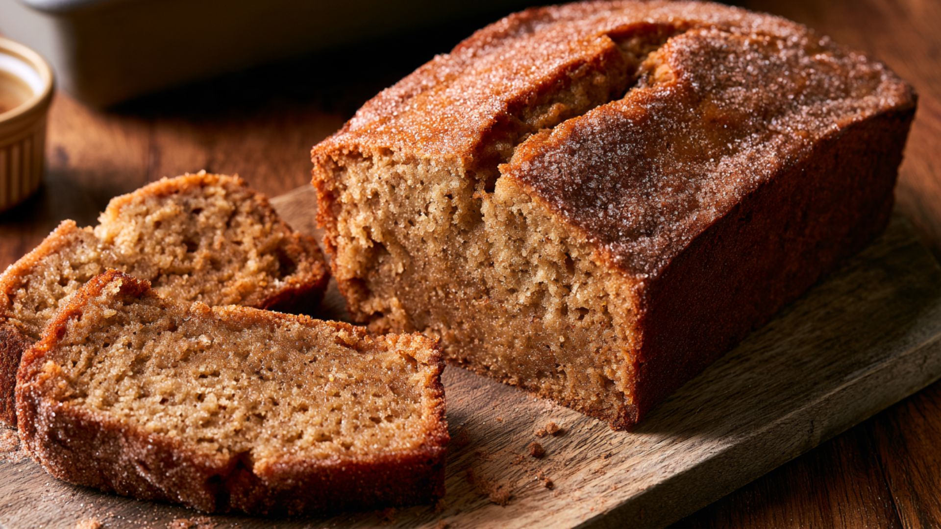 Sliced cinnamon banana bread with a golden crust and cinnamon-speckled interior.
