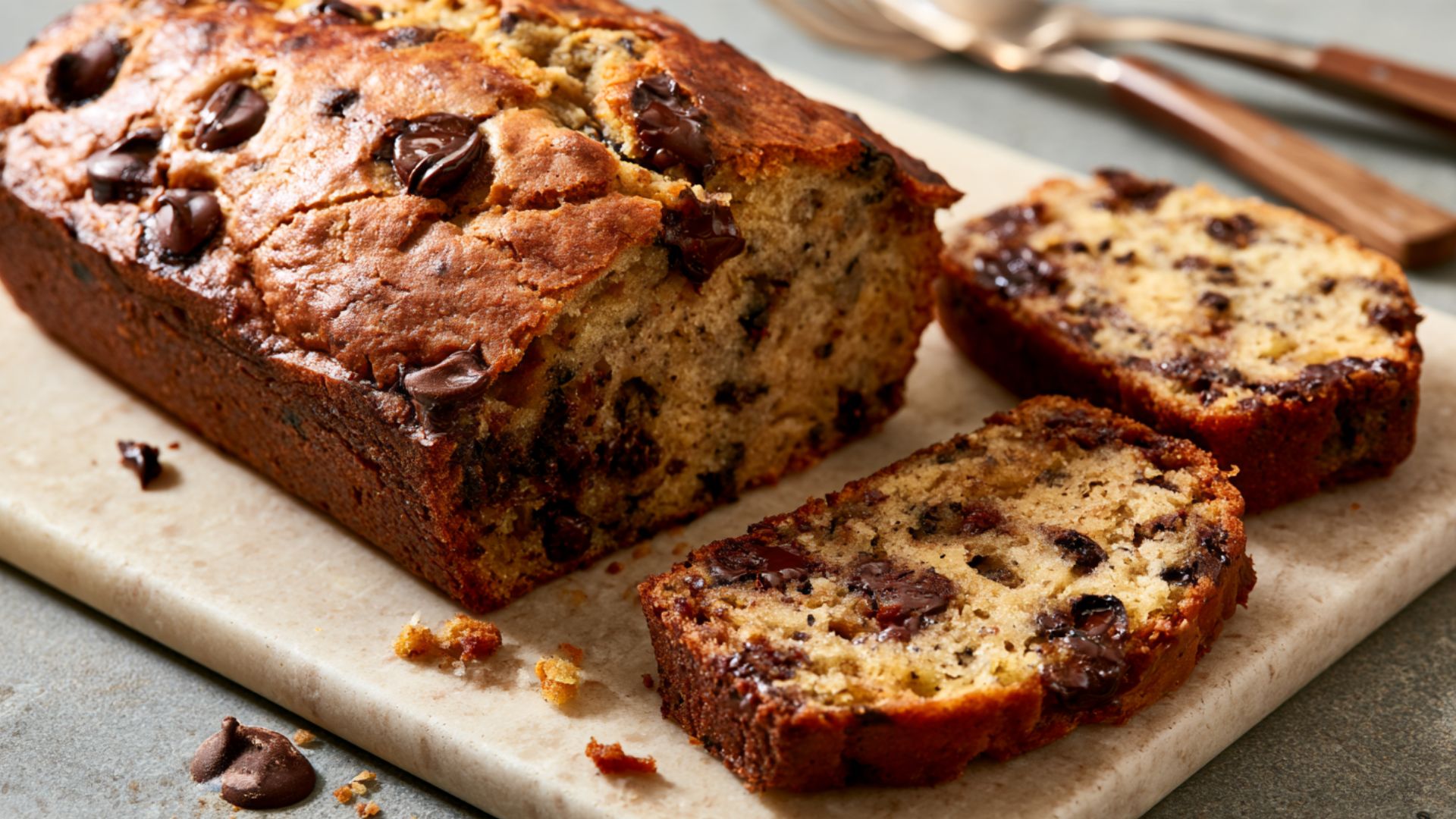 Sliced banana bread packed with dark chocolate chips and topped with melted chocolate pieces.
