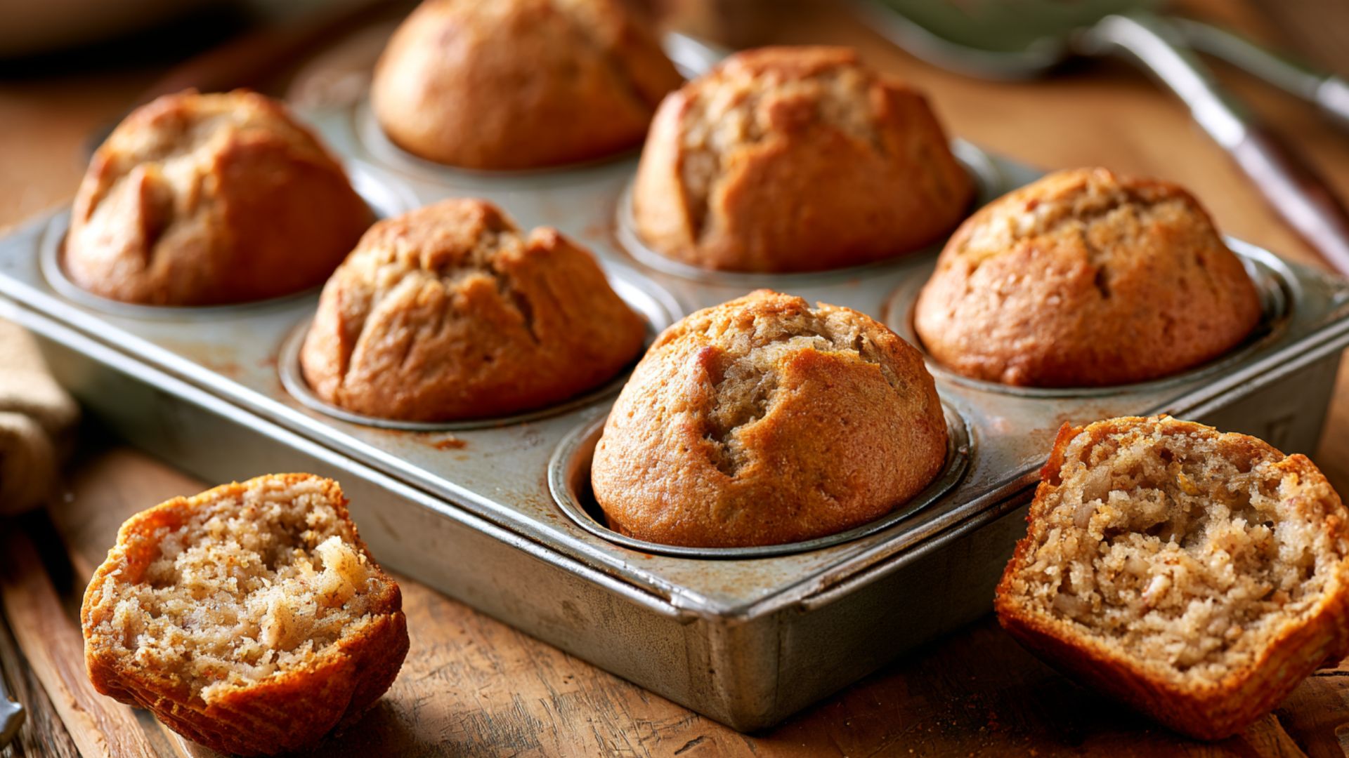 Golden banana muffins in a metal muffin tin with two muffins cut open to show the moist interior.