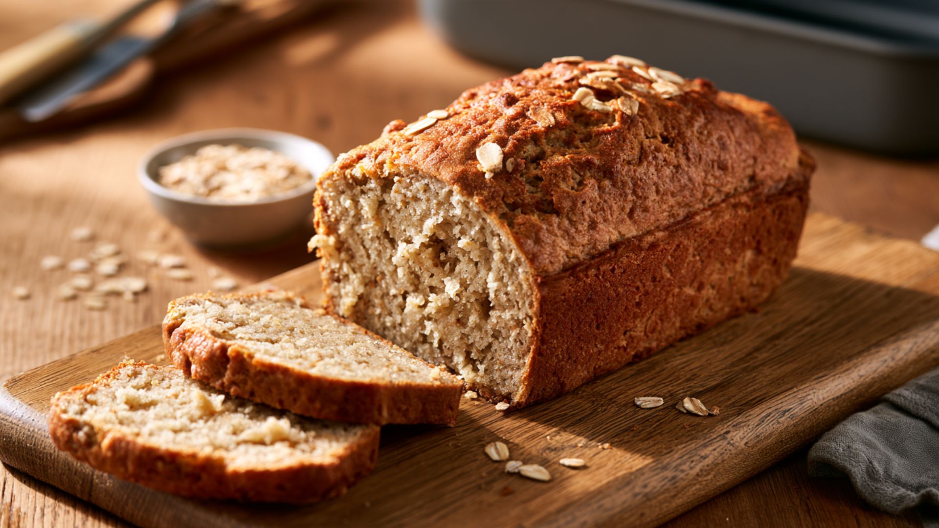 Sliced oat banana bread topped with rolled oats on a wooden board.