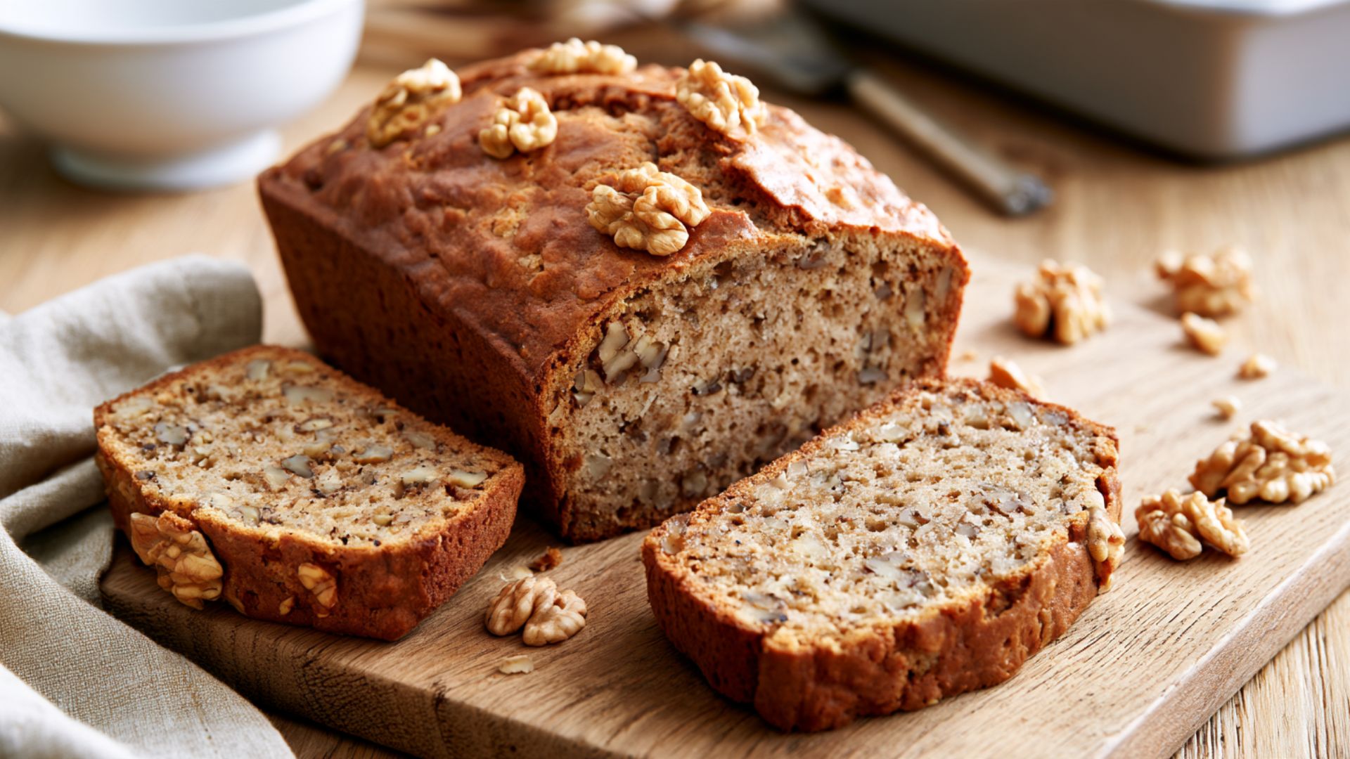 Sliced walnut banana bread topped with walnut halves on a wooden serving board.