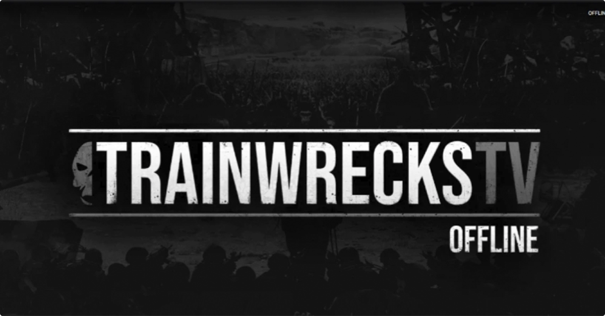 Text overlay reading "TrainwrecksTV Offline" against a dark, silhouetted crowd scene background
