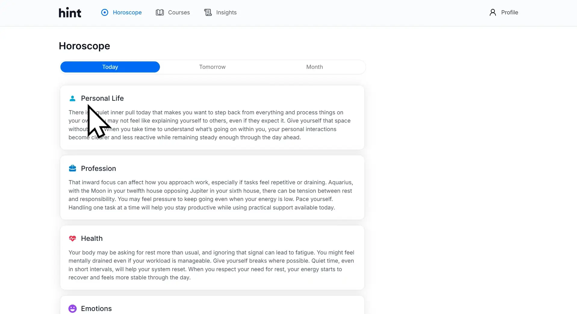 Online horoscope reading interface with large arrow cursor over personal life section