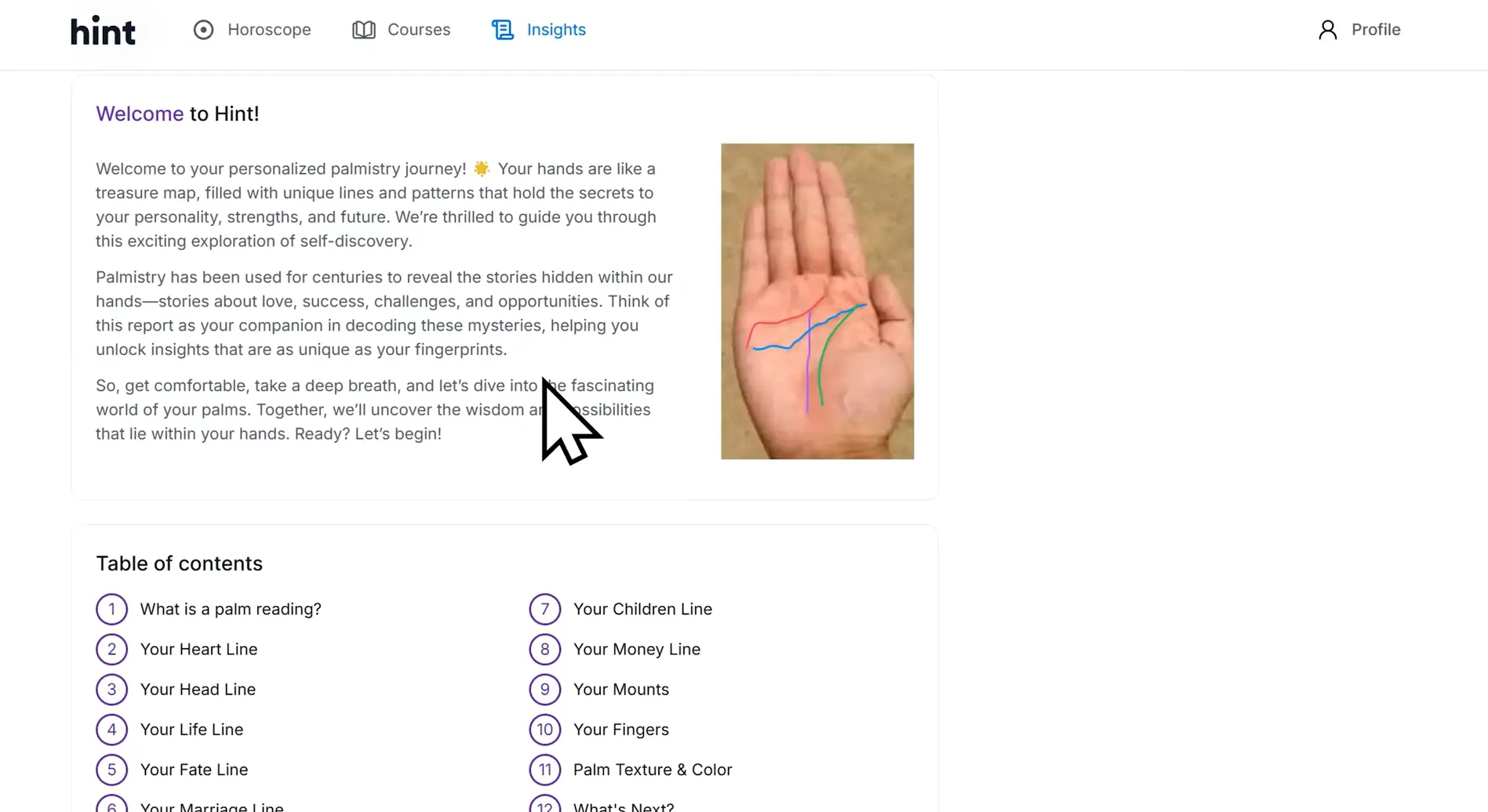 Hand with colored lines illustrating palmistry on tan background