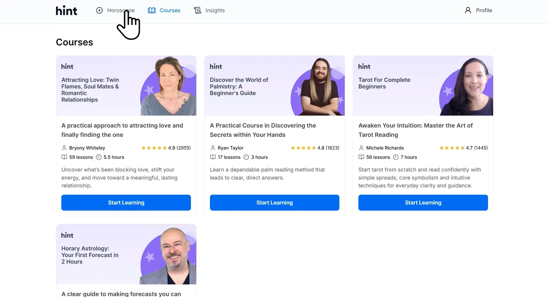 Online course platform interface displaying various spiritual courses with instructor images and ratings
