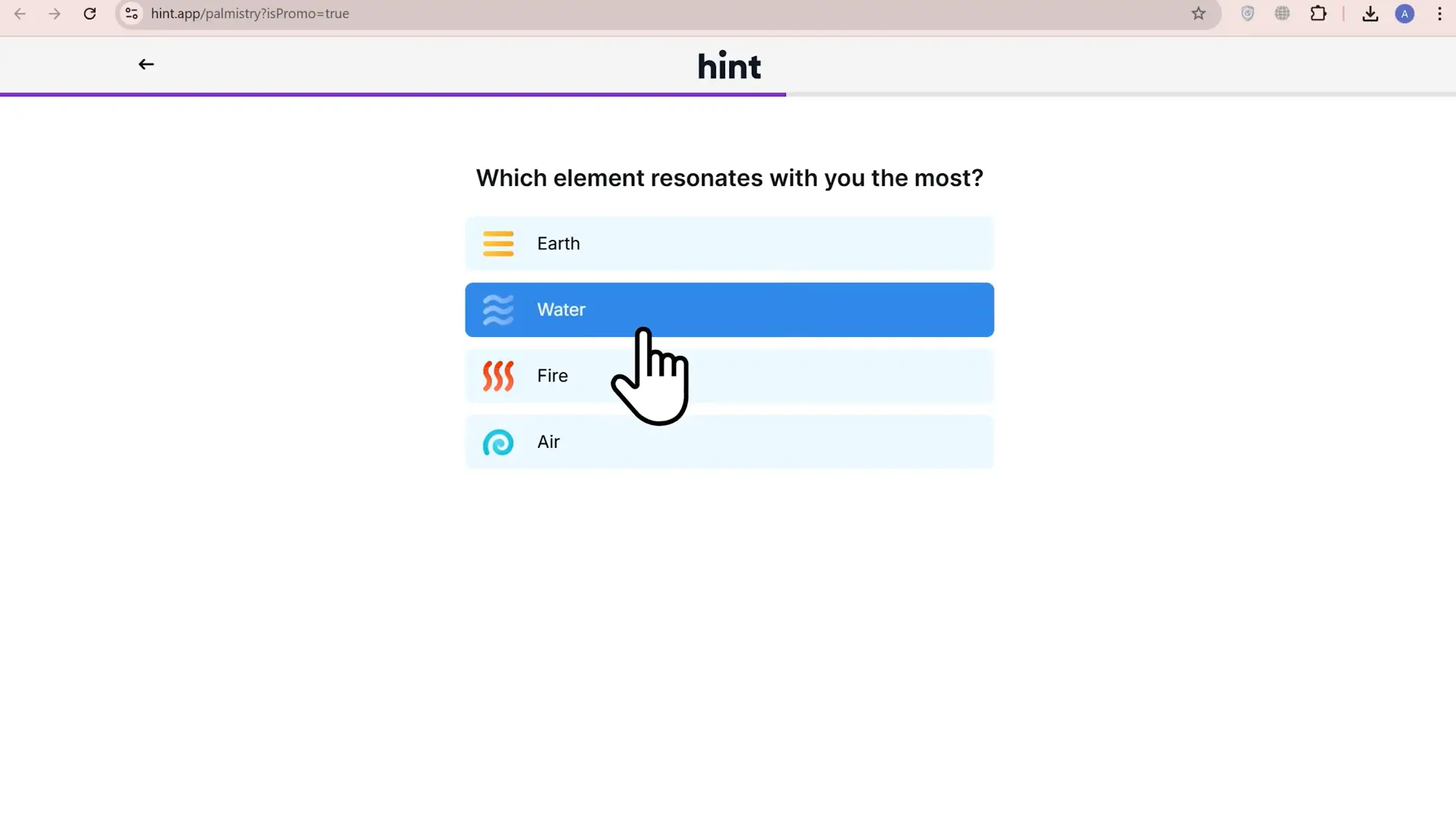 Online quiz interface with highlighted water option and a pointing cursor