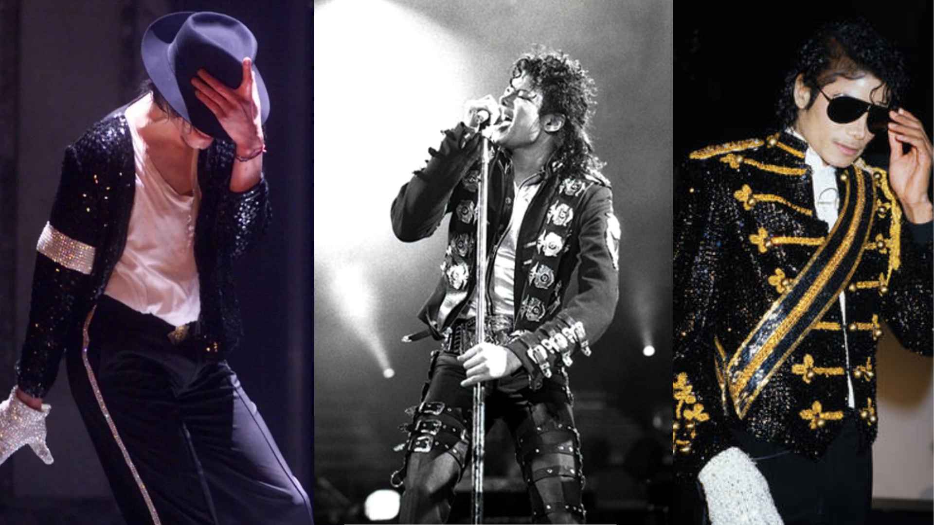 Michael Jackson performing on stage in iconic outfits, including his signature fedora, military jacket, and black-and-white concert looks.