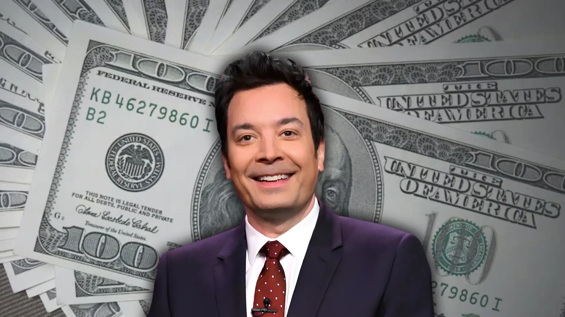 jimmy fallon smiling in a suit and tie in front of a background filled with overlapping us dollar bills