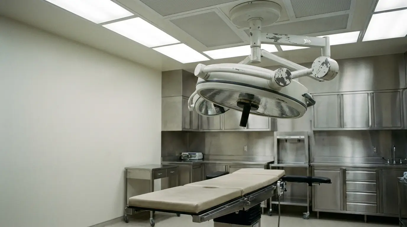 Operating room with surgical table and overhead surgical light in a sterile hospital environment
