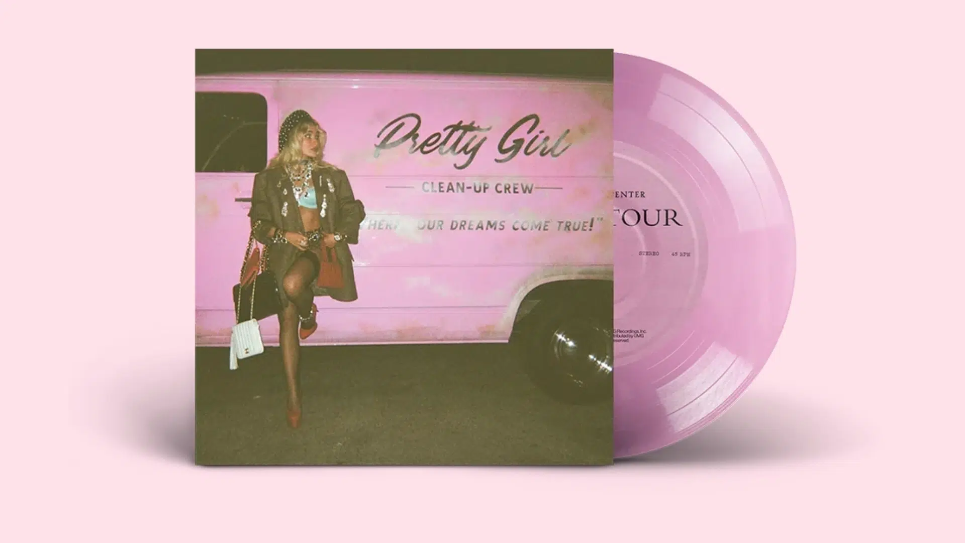 Pink House Tour vinyl record displayed behind cover art showing sabrina carpenter standing beside a pink van