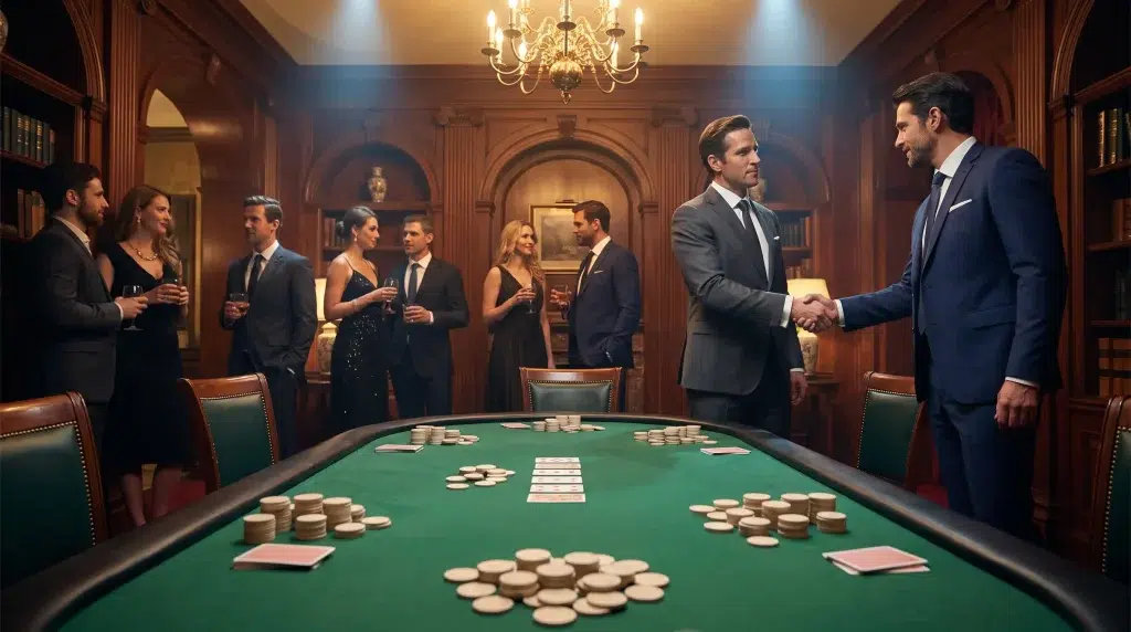 Poker players in suits shaking hands in elegant wood-paneled room with chandelier