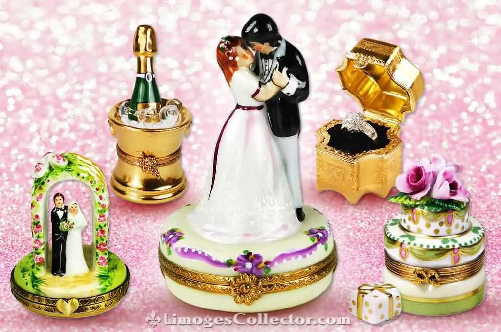 Bride and groom figurine surrounded by wedding-themed decorative trinkets on pink glitter background