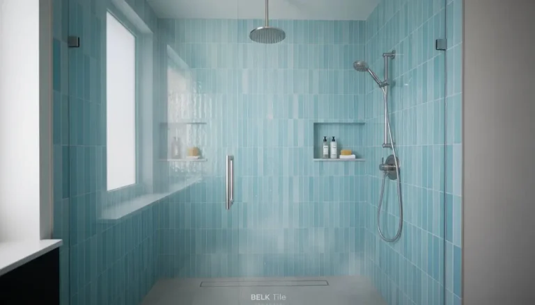 Spacious shower with blue tiles and modern rain showerhead in bright bathroom