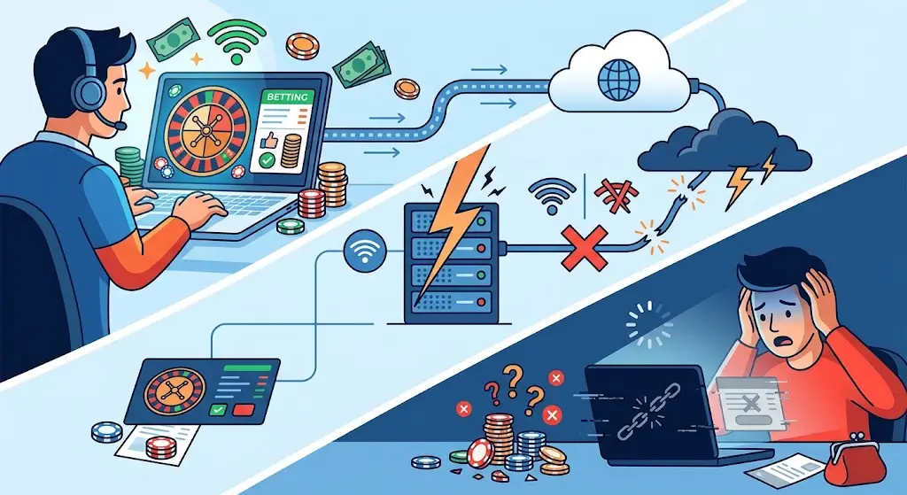 Split illustration of online gambling success and failure with cloud connection issues and frustrated user