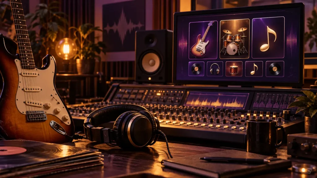 Guitar and headphones on desk in dimly lit music studio with digital audio workstation screen
