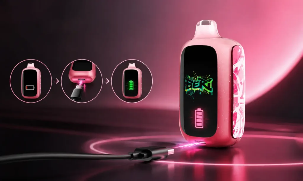 Pink electronic vape device charging with USB cable on reflective pink surface