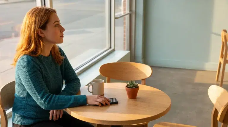 Woman in teal sweater sitting at cafe table with smartphone, coffee mug, and small potted plant