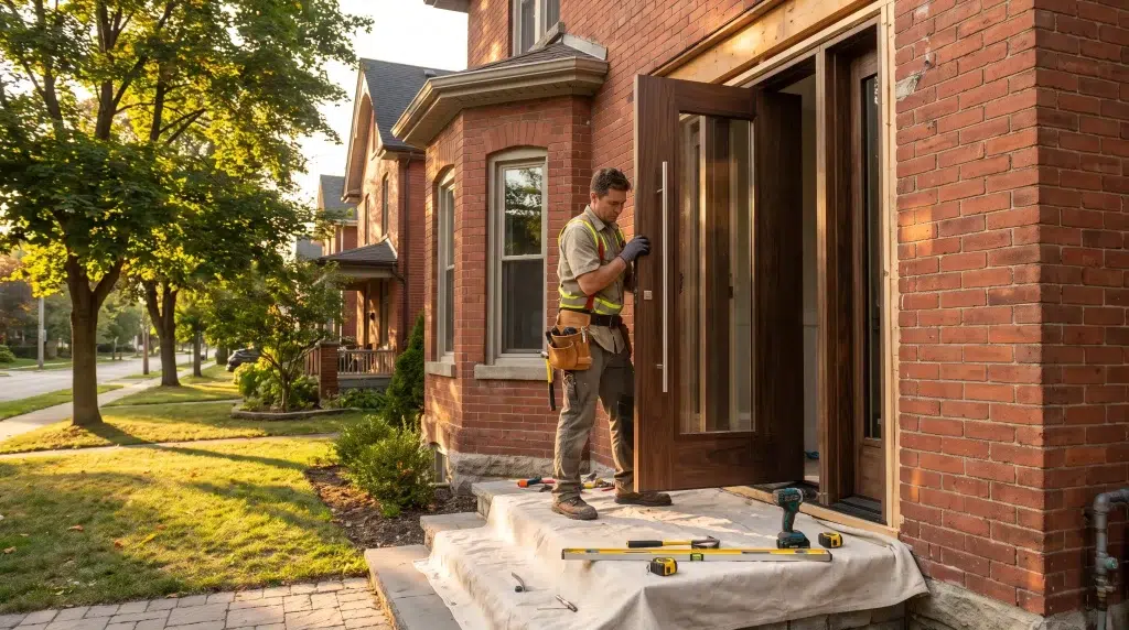 Construction worker installing a wooden door outside a brick house in warm daylight