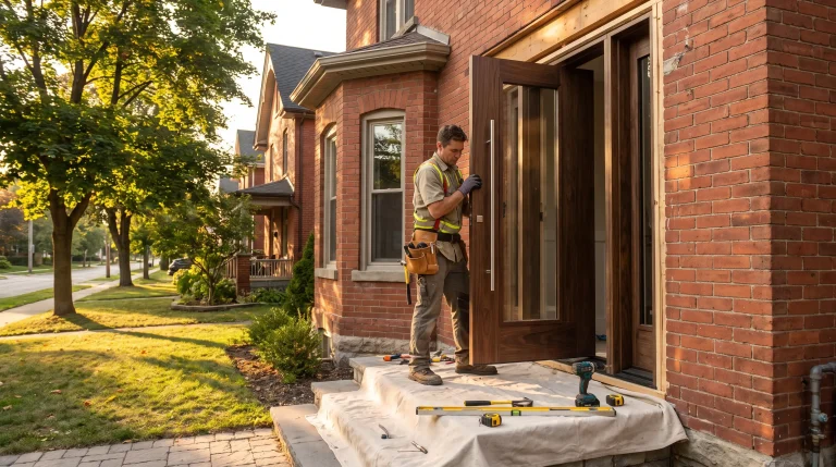 Construction worker installing a wooden door outside a brick house in warm daylight