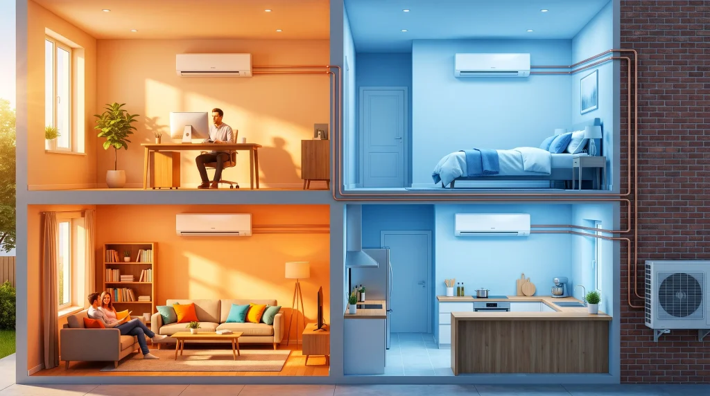 Cutaway view of house interior with air conditioner systems in various rooms and bright lighting