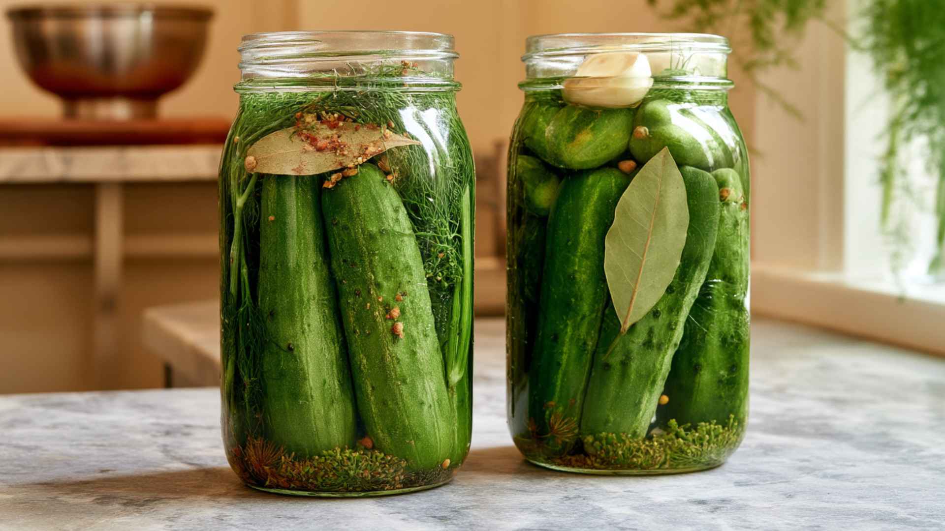 Glass jars filled with homemade pickles, showing fresh cucumbers preserved with dill, garlic, and spices on a kitchen countertop.