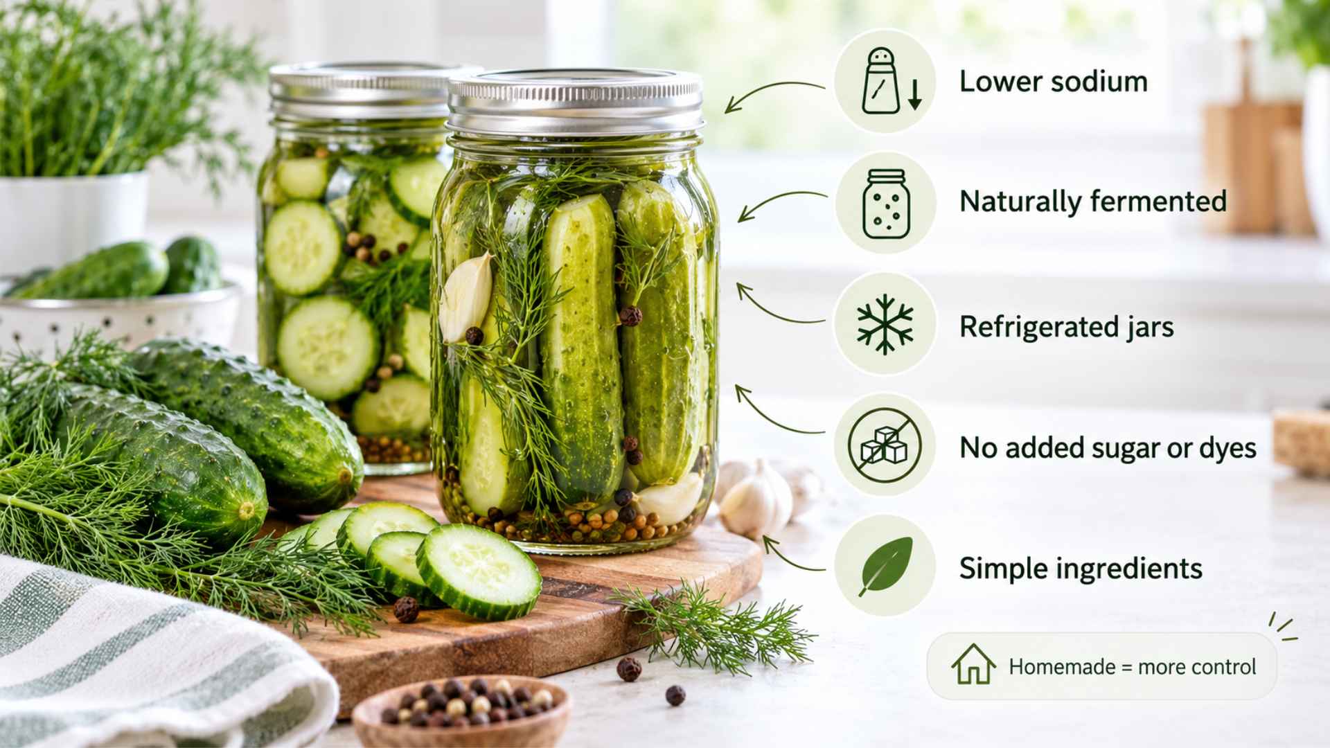Realistic pickle jars with cucumbers and dill beside tips for choosing lower-sodium, naturally fermented pickles.