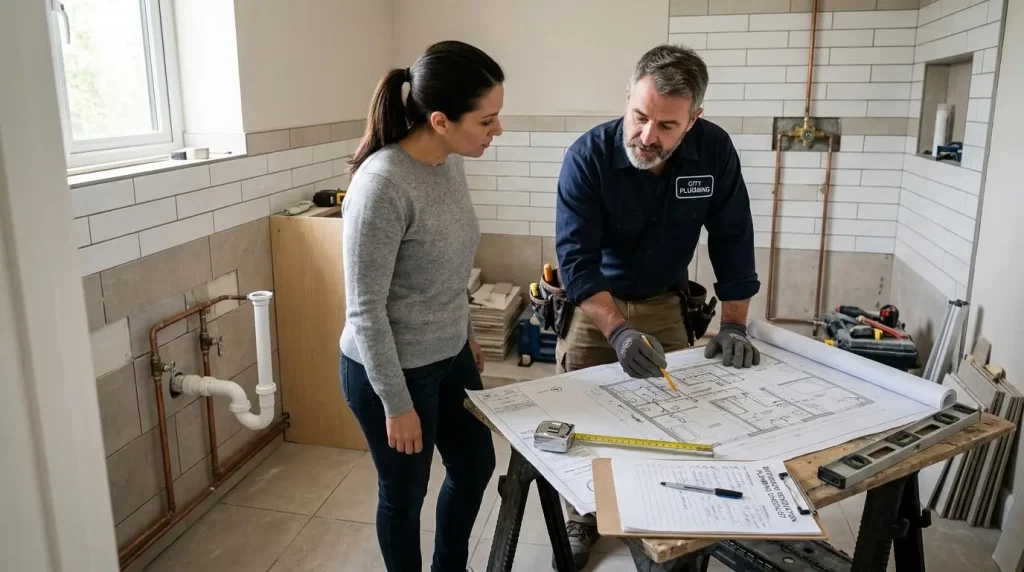 Plumber and woman discussing blueprints on wooden table in partially renovated bathroom