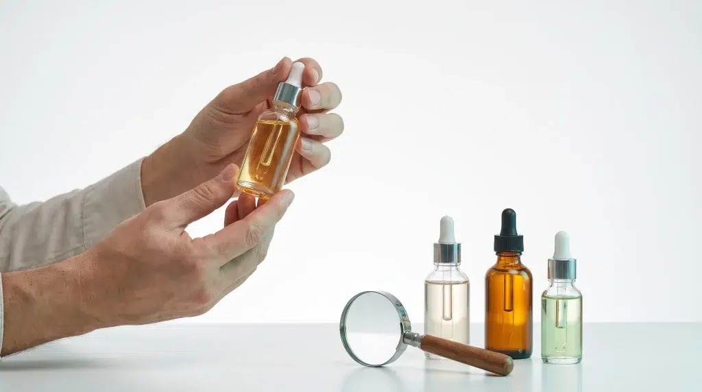 Hands holding amber dropper bottle with other dropper bottles and magnifying glass on white surface