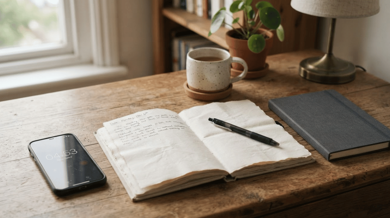 open journal with pen and smartphone on a wooden desk beside a mug and closed notebook