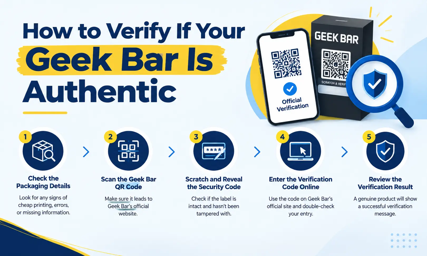 Smartphone displaying QR code next to Geek Bar box and magnifying glass on light background