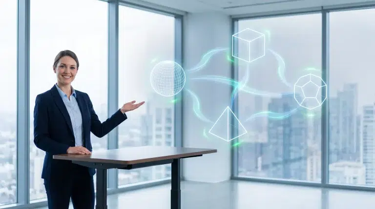 Businesswoman in modern office presenting digital geometric holograms with cityscape view in background