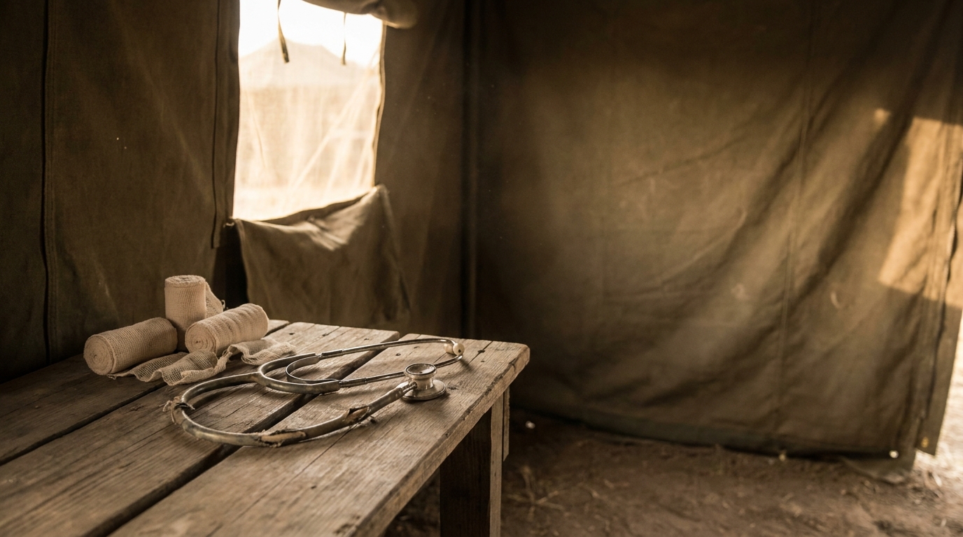 Stethoscope and bandages on wooden table inside a canvas medical tent