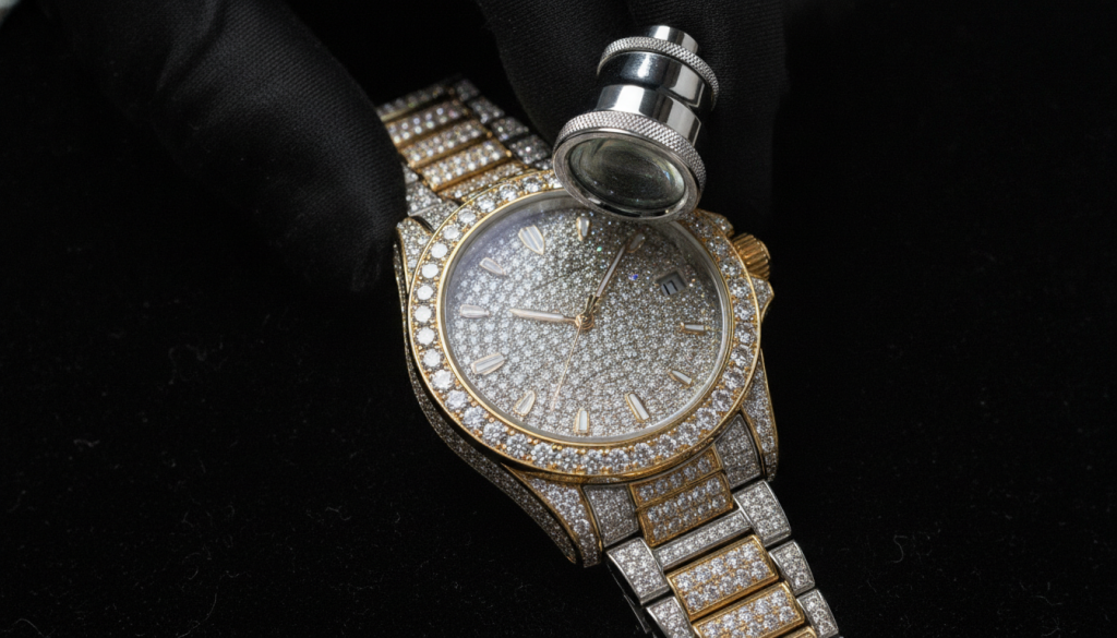 Diamond-encrusted luxury watch examined with loupe in dark setting