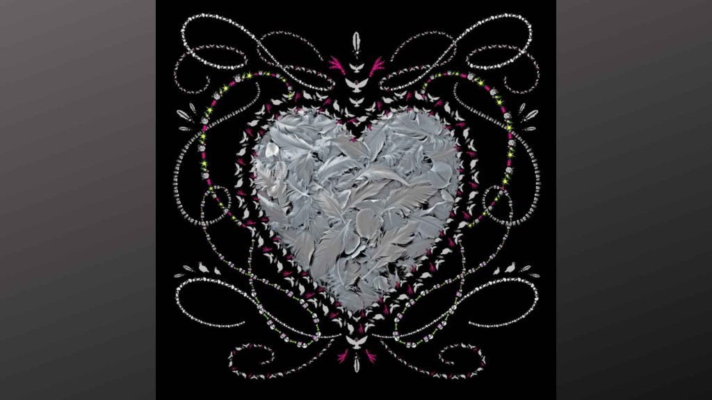 Heart made of gray feathers framed by ornate skull, rose, and dove chain design on black.